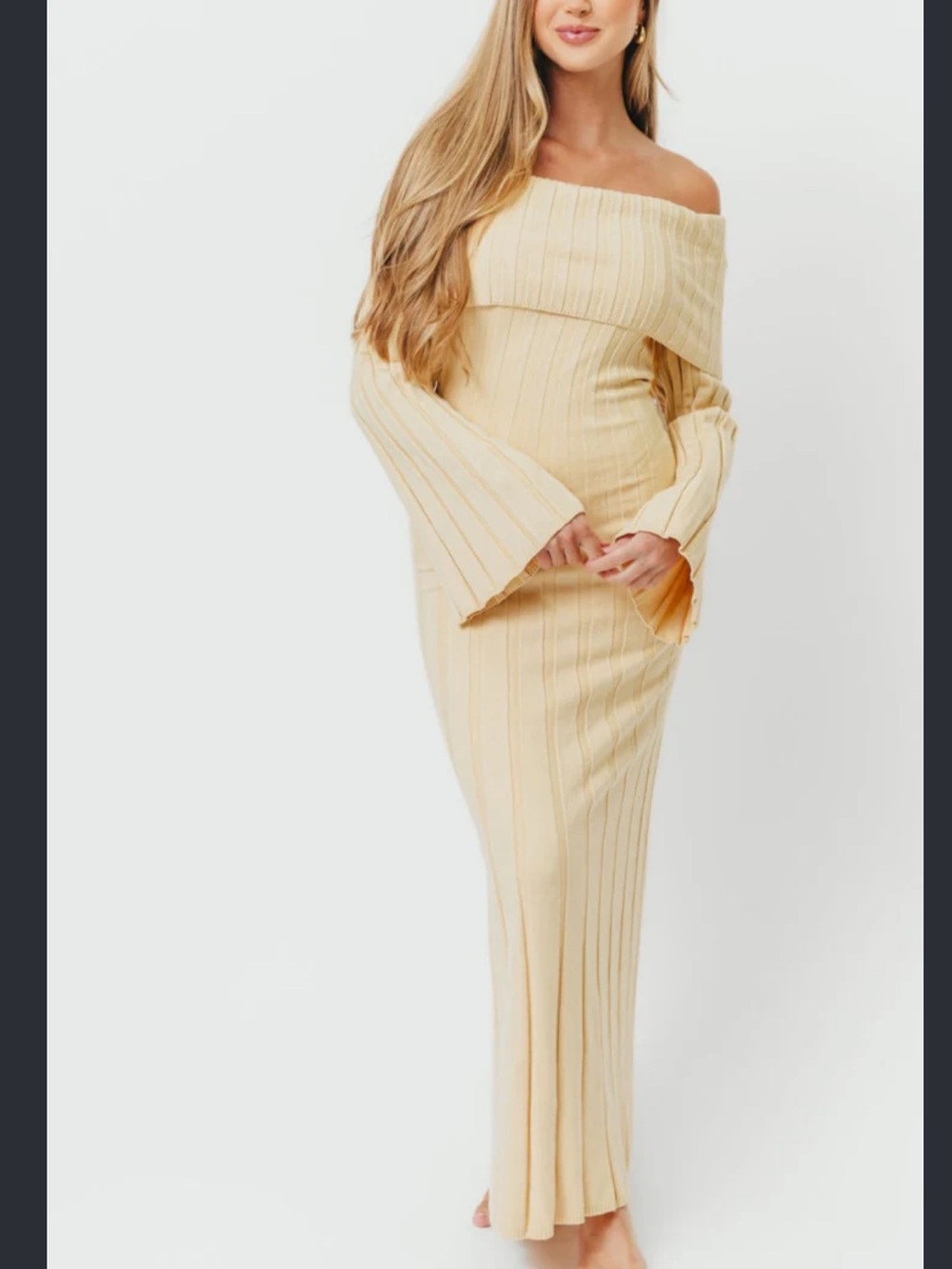 Evella Off-Shoulder Ribbed Maxi Skirt - BEIGE